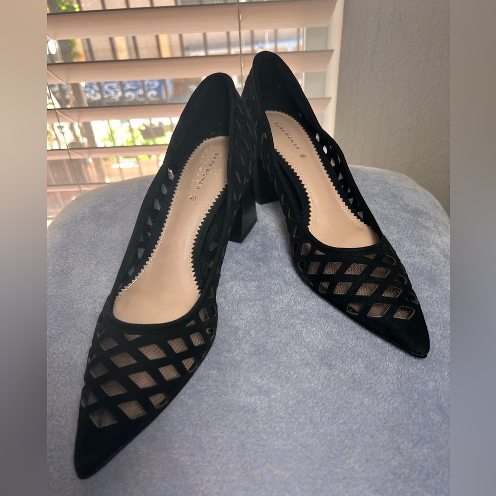 Zara Black Lattice Cutout Pointed Toe Heels